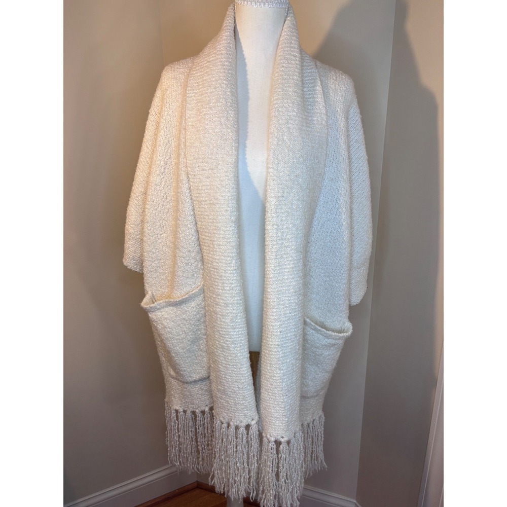 Ivory Fringe Open Front Lagenlook Cardigan Sweater Wool Blend Cream M